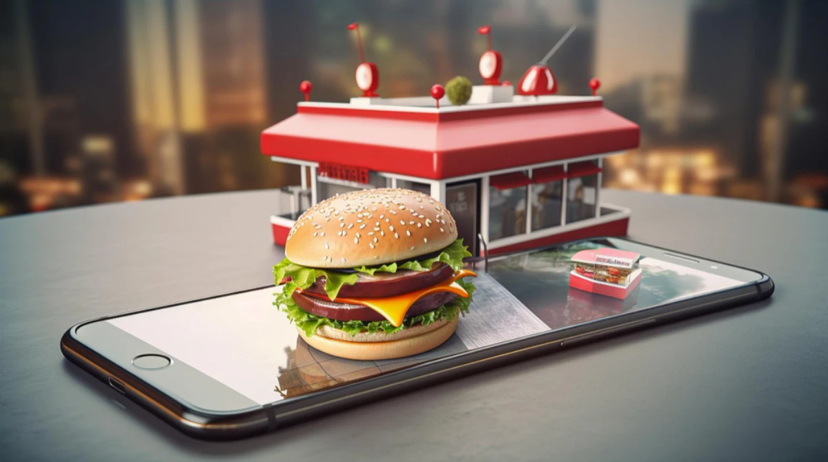 A concept image depicting a quick-service restaurant franchise, with a burger, a restaurant outlet placed on a smartphone screen