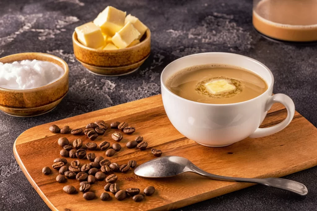 A cup of bullet coffee on a wooden surface with butter and coffee beans nearby