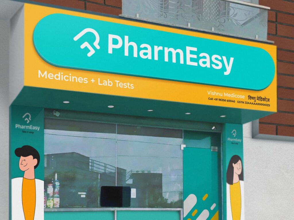 The glass-door storefront of a PharmEasy outlet