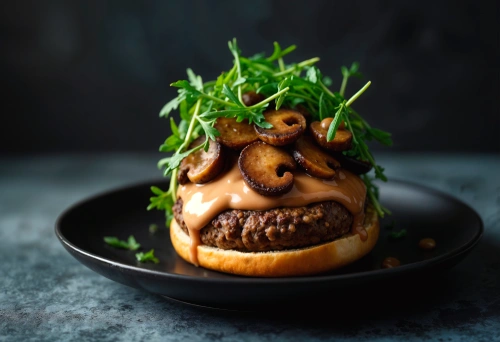 Gourmet burger with truffle oil and exotic toppings.