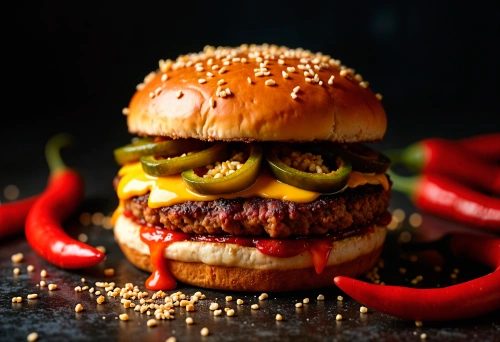 Spicy burger with fiery chili sauce and fresh toppings.