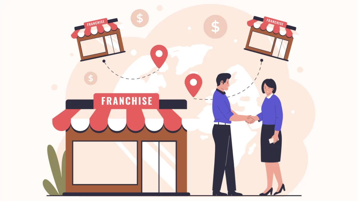 The image depicts a franchise business opportunity. There’s a storefront with a sign that says "FRANCHISE" and two people shaking hands in front of it, marking a new business partnership.